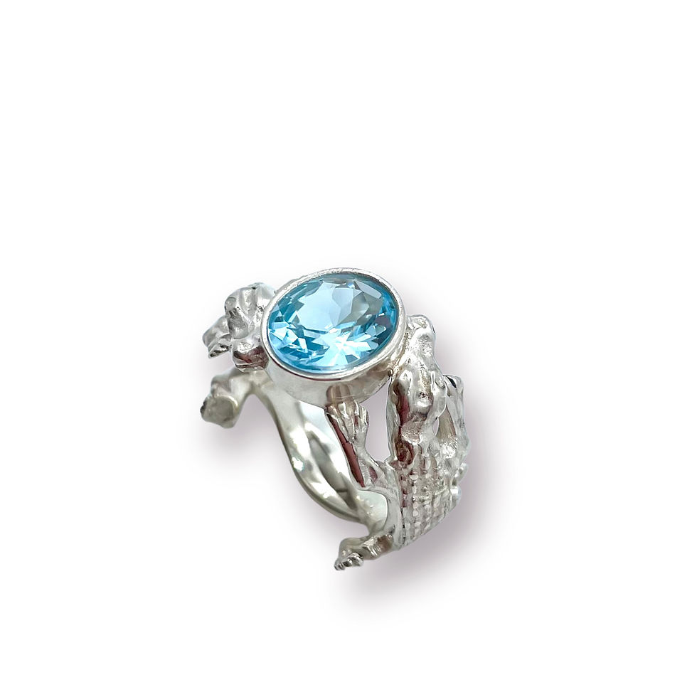 Miniaturbild: Unikat Ring "Krokodil" in 935er Silber/rhodiniert mit Blautopas facettiert /oval