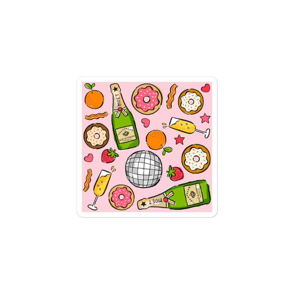 Mimosas, Donuts, & Disco Naps Bubble-Free Stickers 3x3", 4x4", 5.5x5.5"