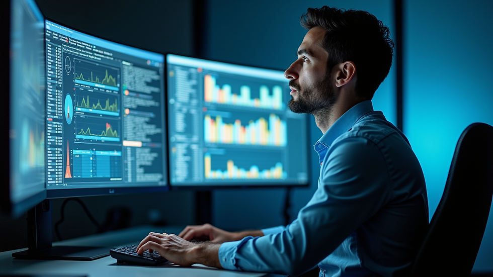 Eye-level view of a professional analyzing data on multiple computer screens