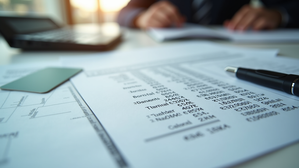 Close-up view of financial documents and calculator on a desk