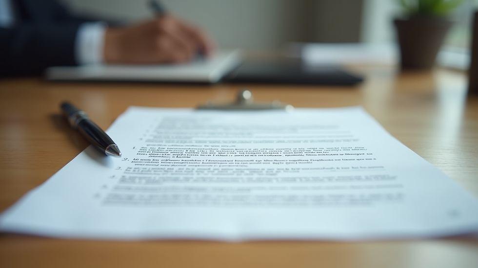 Eye-level view of a legal document and a pen on a wooden desk
