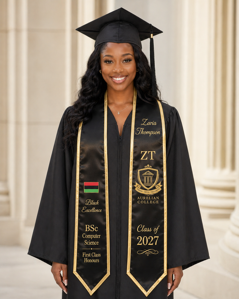 Thumbnail: Graduate wearing a bespoke Black Pride graduation stole with personalised details