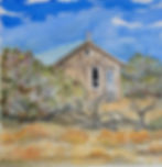 My friend's cabin is located in the high desert of New Mexico on a south-facing slope. I painted it on Daler-Rowney Prestige paper, using mostly W-N and Schminke paints. I really like painting skies with the Schminke Finest Ultramarine paint for the intense color and smooth application. Somehow, in NM, paintings are often about the sky. I also used an old Prismacolor silver pencil to highlight the juniper branches. (I have a hoard of these pencils dating from the 70's; they are very difficult to acquire now).