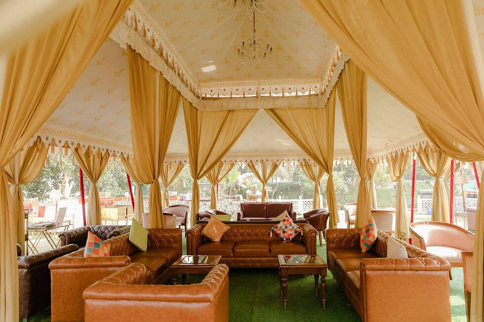 It highlights the ability to transform outdoor structures like tents with high-end fabric treatments and custom "pillar wraps."