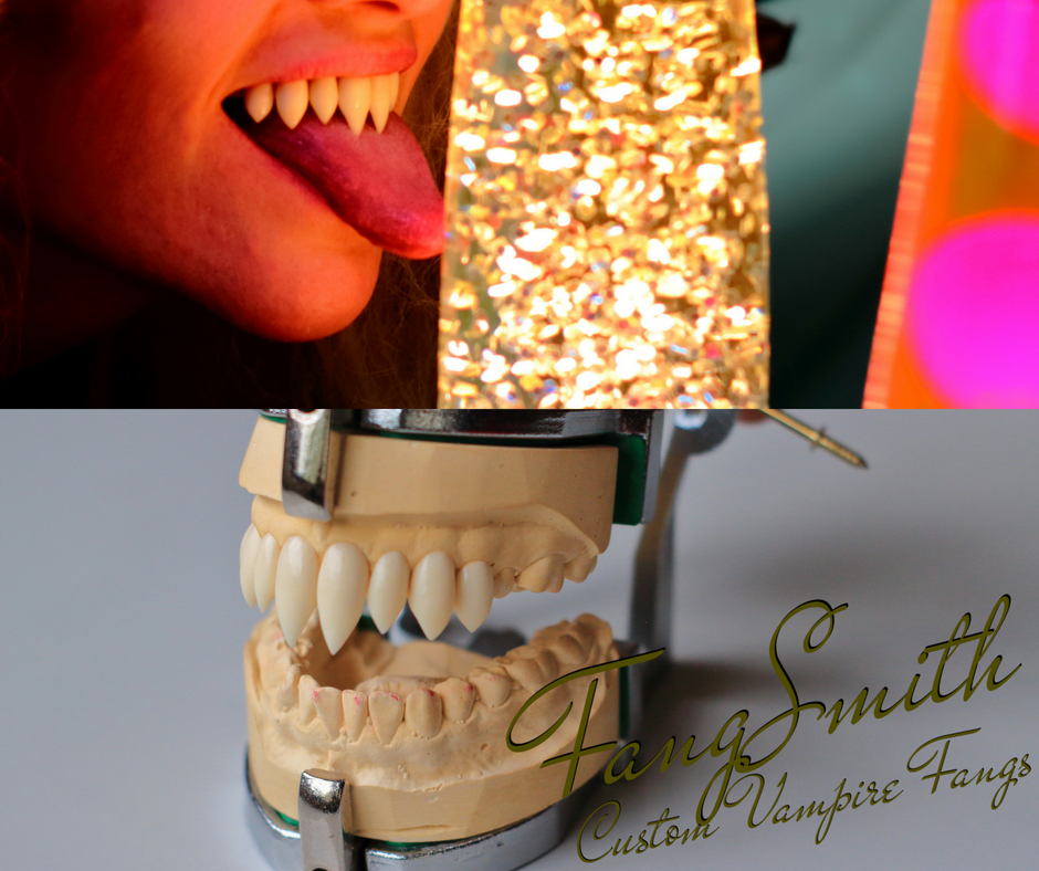 Bambi's nosferatu fangs pictured on stone dental model and in her mouth.
