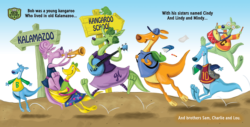 Bob the Kangaroo and his colorful family hop, dance and play musical instruments near the Kangaroo School sign in Kalamazoo.