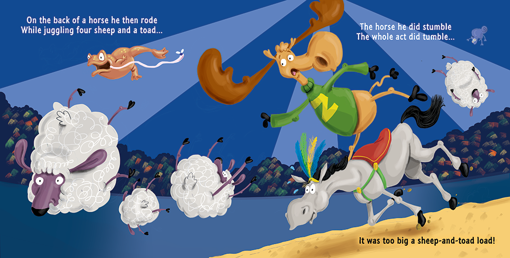 Zeus the Moose rides a horse while juggling four sheep and a toad.