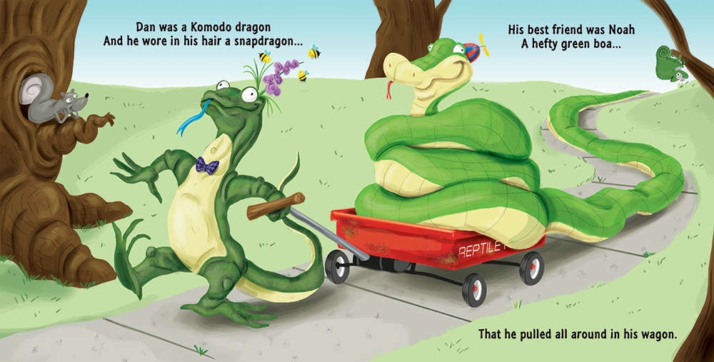 Dan the Komodo Dragon wears a snapdragon flower in his hair as he pulls his best friend Noah, a large green boa constrictor, along a path in a red wagon.