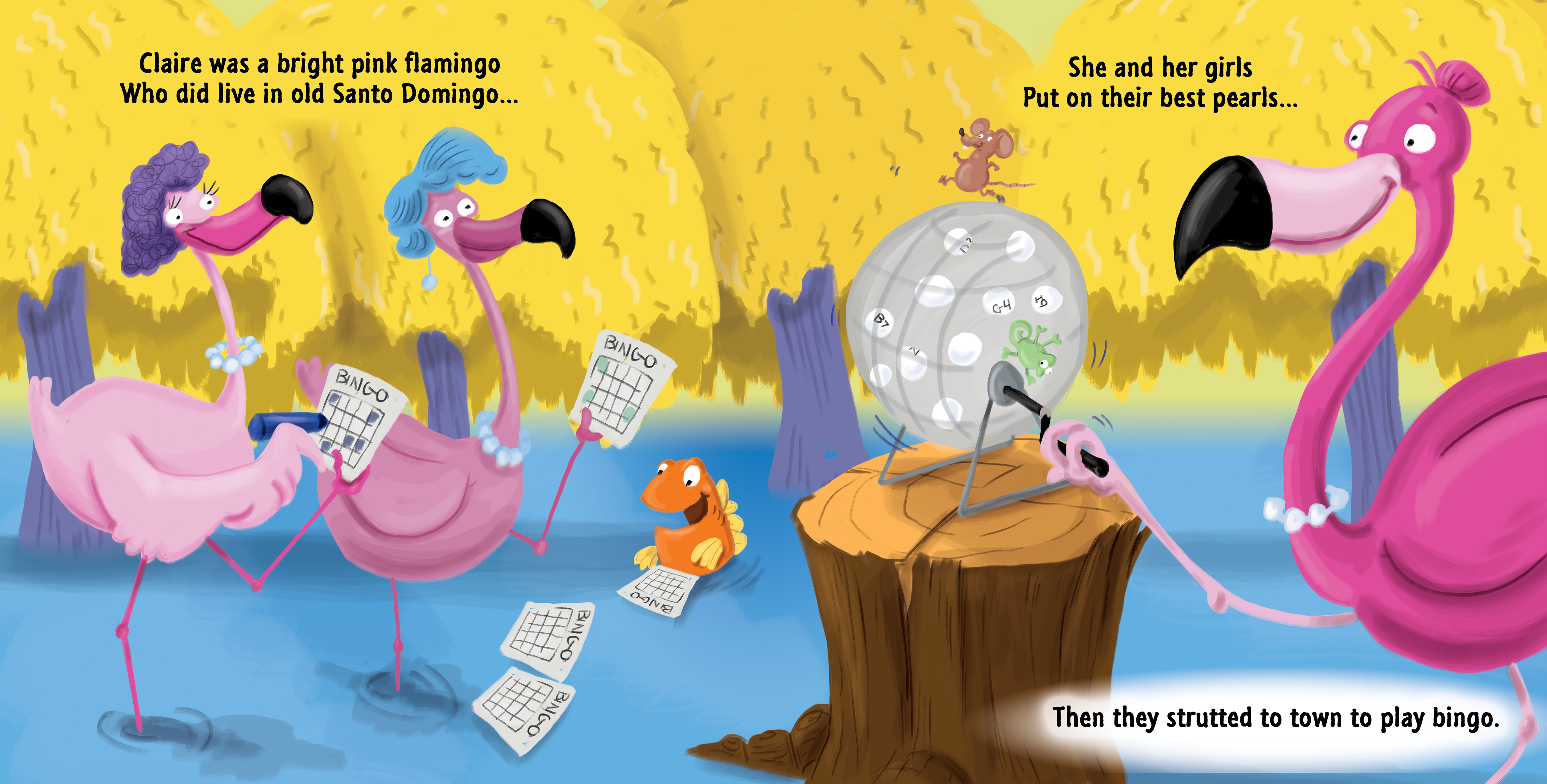 Claire the Flamingo wears her finest pearls and operates a bingo machine while her colorful flamingo friends play bingo beside a pond.