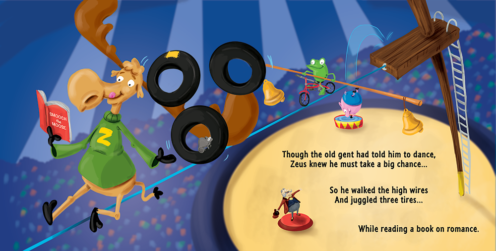 Zeus the Moose walks a circus tightrope while juggling three tires and reading a book.
