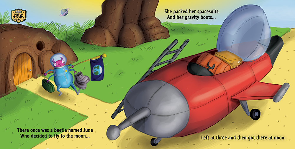 June the Beetle wears a space helmet beside a bright red rocket, preparing to blast off on her adventure to the moon.