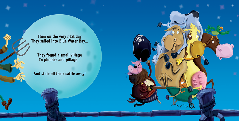 Pirate Jon Lame steals a group of surprised farm animals while Pete the Parrot flies nearby.