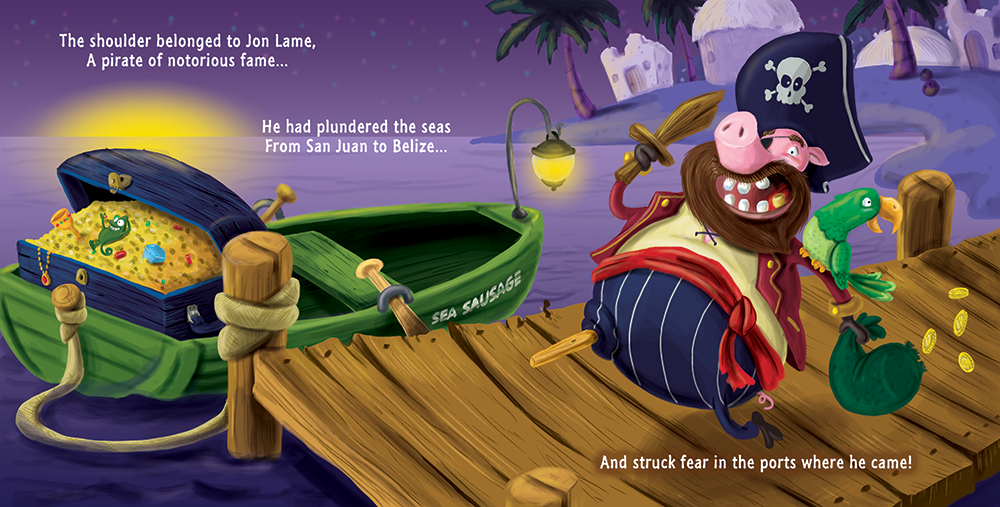 Pete the Parrot perches on pirate Jon Lame's shoulder beside a treasure-filled boat at sunset.