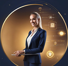 A split-screen image showing a confident executive on one side and a professional virtual