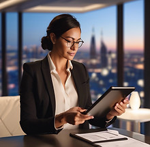 A sophisticated executive in a modern office reviewing a streamlined checklist on a tablet