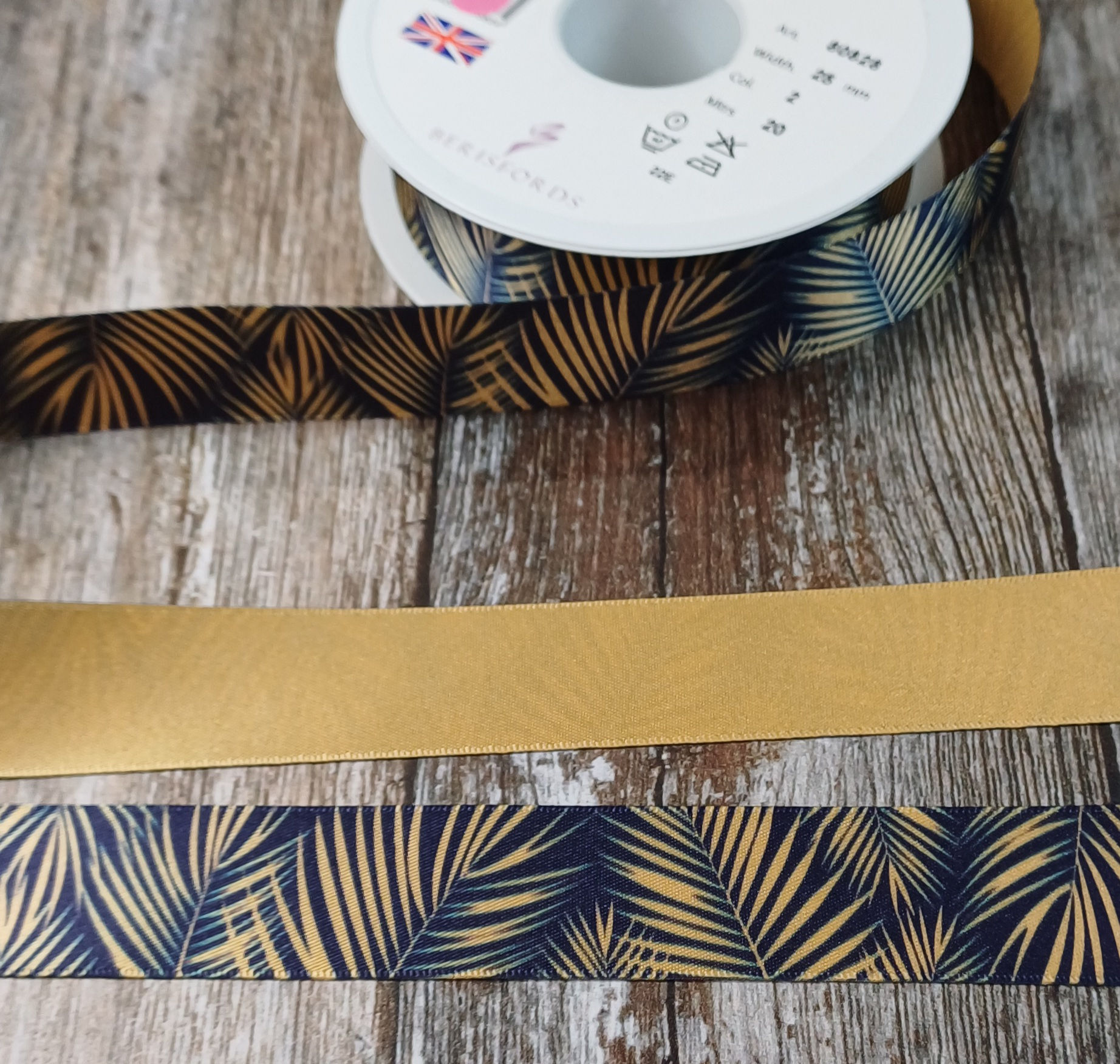 Fern on Navy Ribbon 25mm Wide - Sold By The Meter