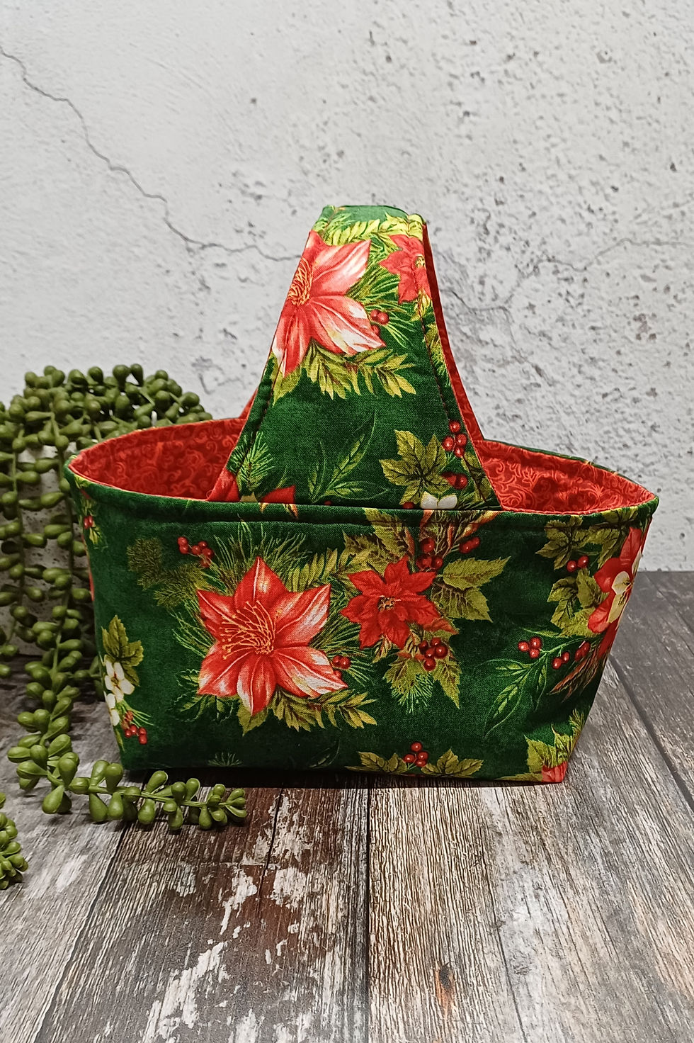 Thumbnail: Poinsettias On Green Small Fabric Basket