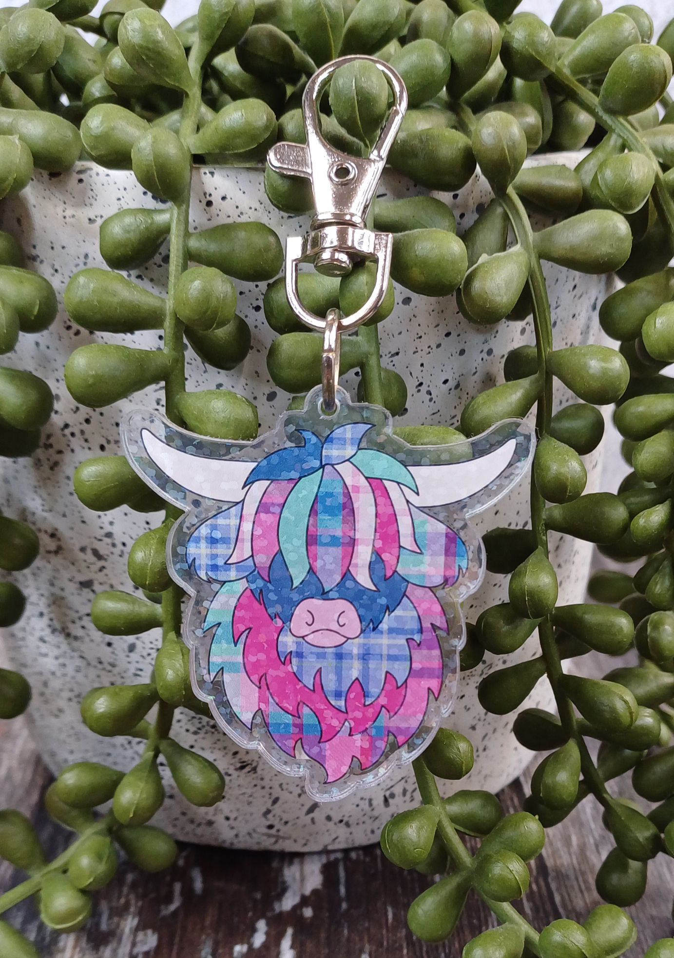 Blue Holographic Highland Cow/Coo Acrylic Keychain