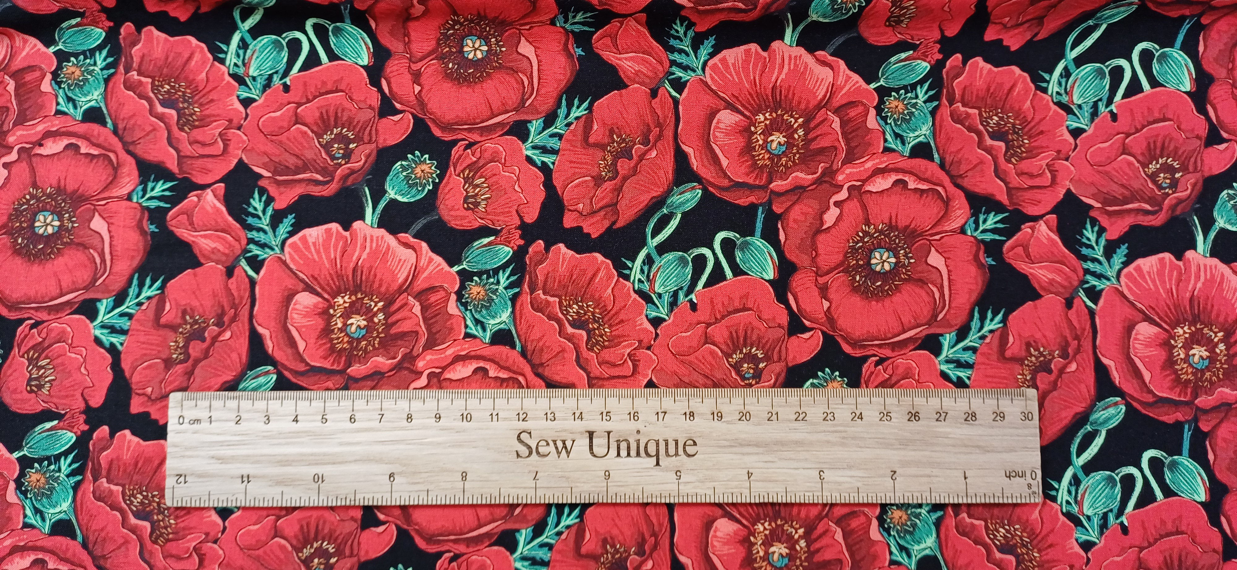 Poppies on Black Fabric - Sold By The FQ