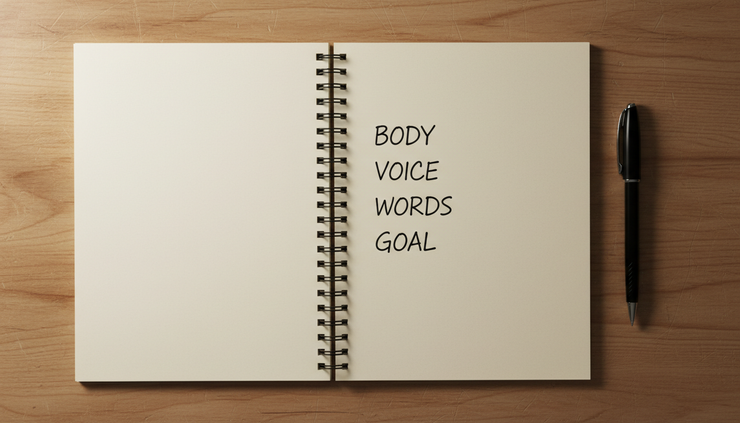 Overhead view of a notebook with four handwritten self-check words body voice words goal