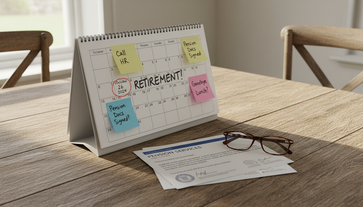 Close-up view of a retirement calendar and handwritten notes beside pension papers