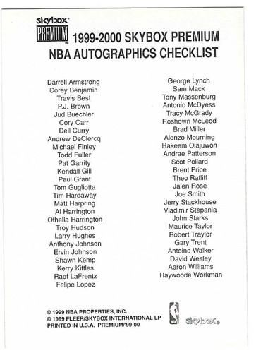 1999-00 Skybox Premium Checklist Card #3 Skybox Autographics 