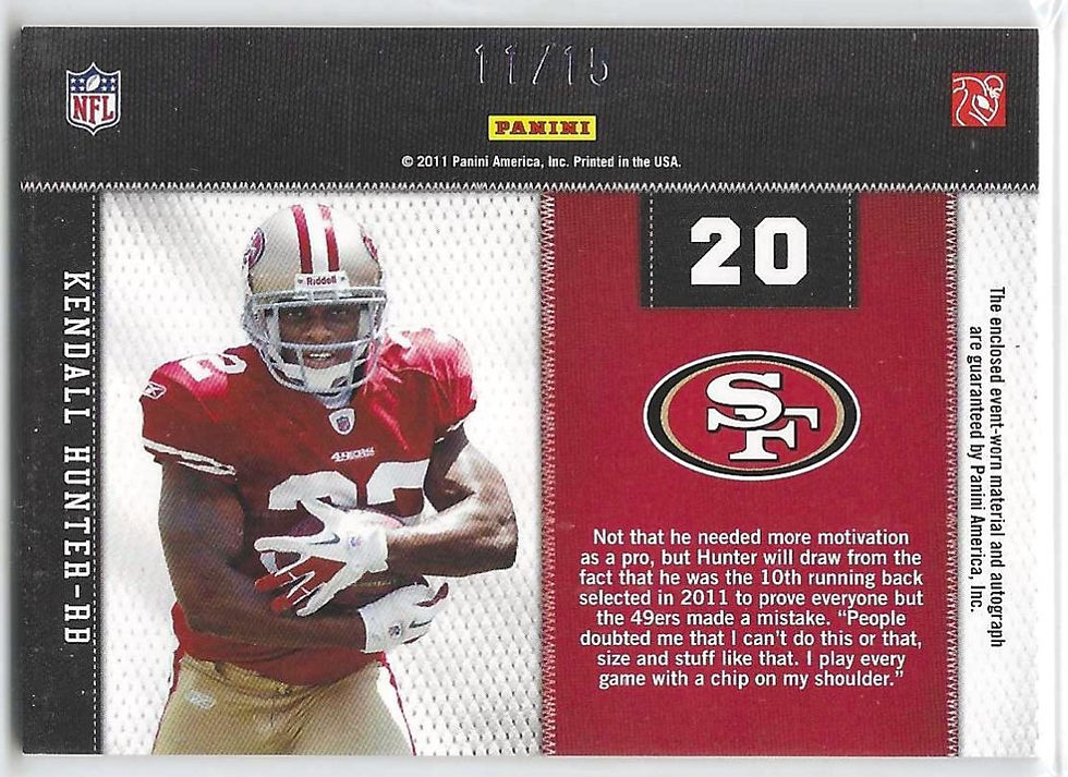 Thumbnail: Kendall Hunter 2011 Panini Threads Rookie Collection Materials Autos Prime #20