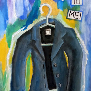 a painting of a blue jacket on a coathanger on a blue, green and yellow background with text that reads "I look alright to me"