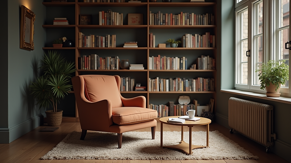 Eye-level view of a cozy reading nook with a bookshelf and a comfortable chair