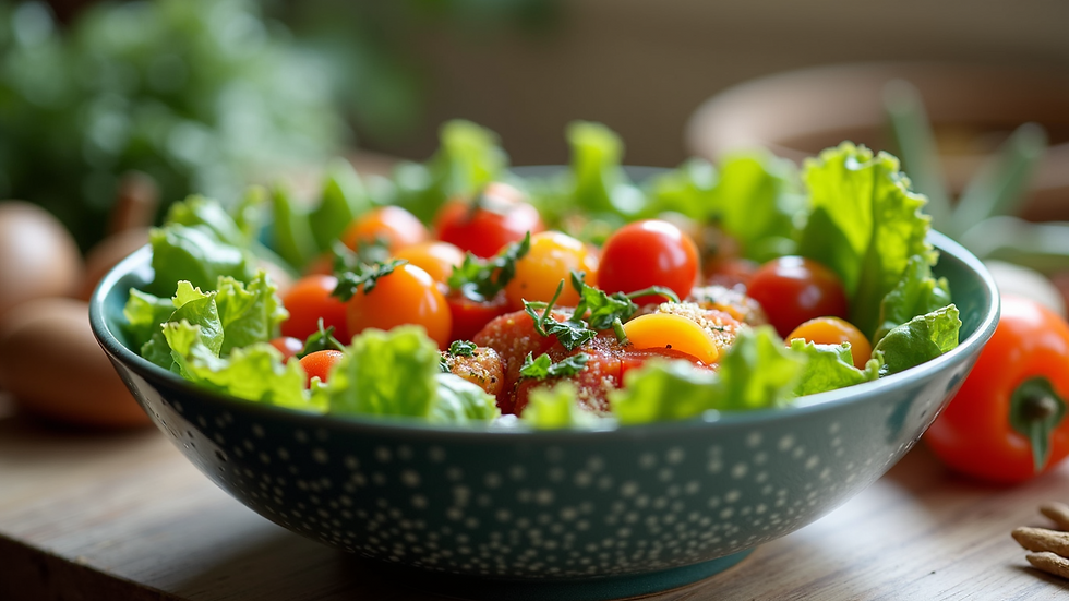 Close-up view of a colorful, fresh salad bowl with various vegetables