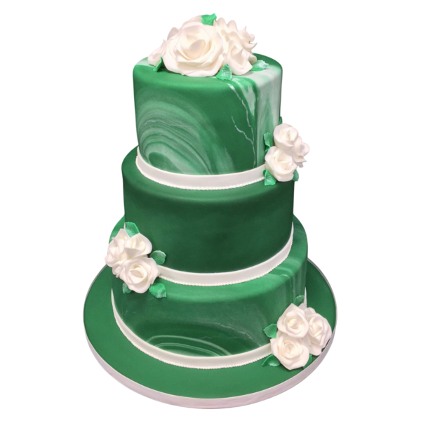 Three-tiered emerald green wedding cake with white sugar paste roses.