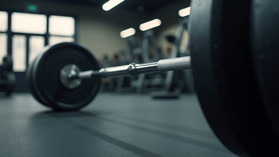Eye-level view of a gym barbell loaded with weights