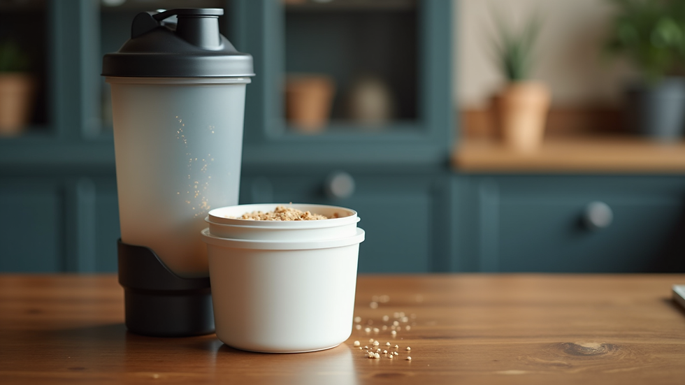 Eye-level view of a gym shaker bottle and protein powder container on a wooden table