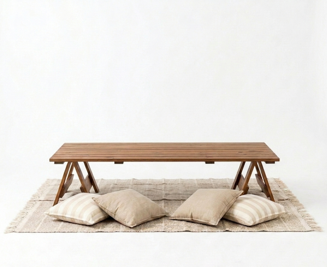 Hire Picnic Setup for 2 guests: Low Wooden Table, Rug & Cushions