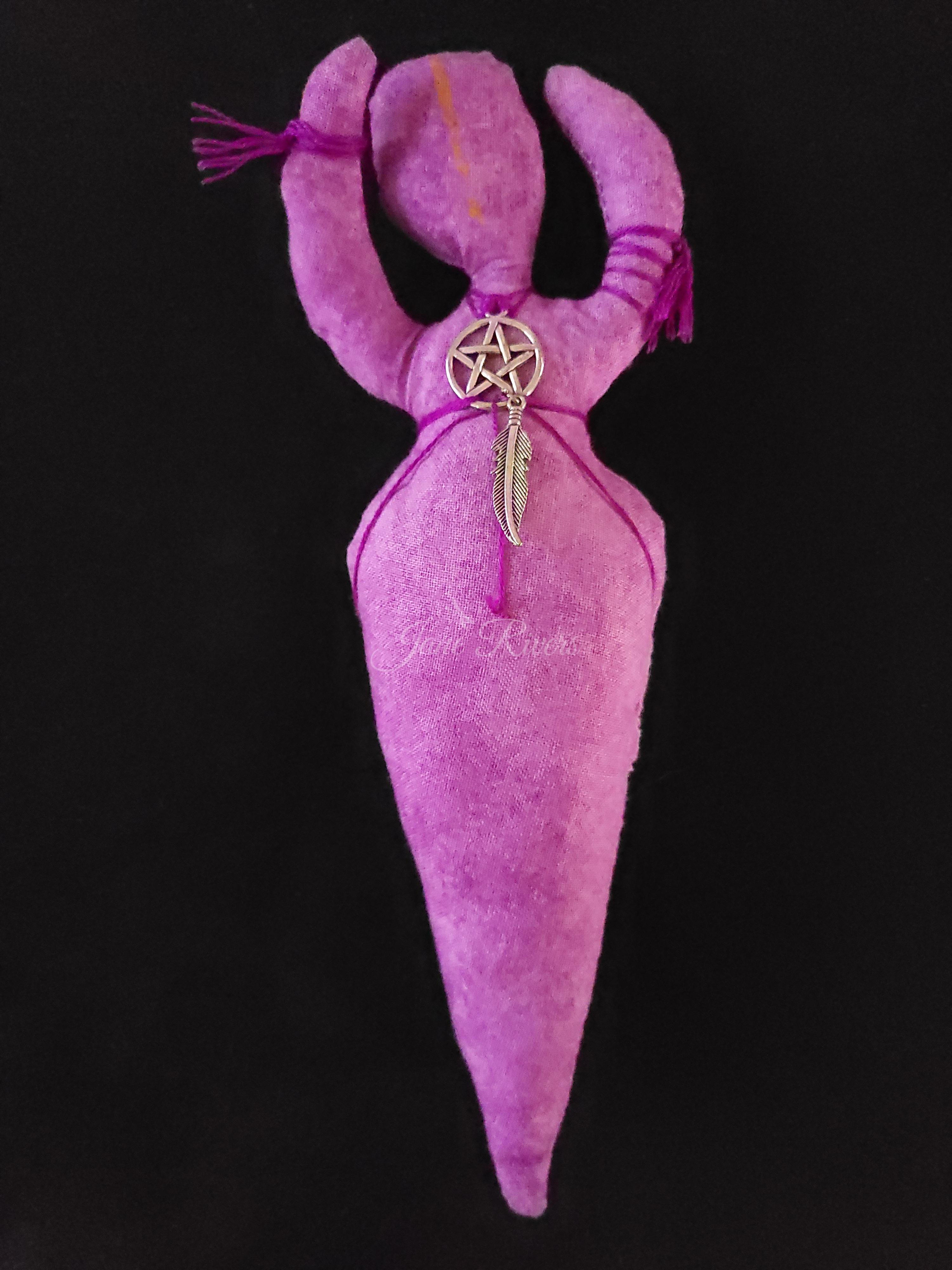 Hand-Stitched Purple Pagan Goddess Doll. Pentacle and Feather Charms