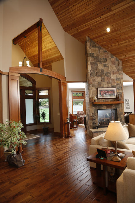 rustic interior; wood paneled ceiling; soaring ceilings; elegant interior