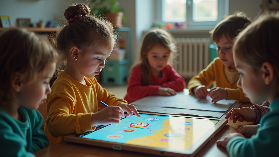 High angle view of children learning languages through interactive games