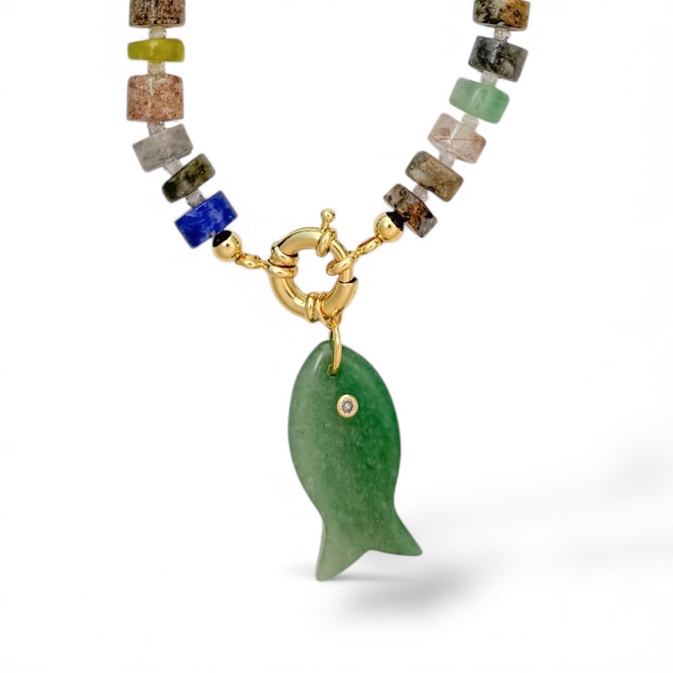Close up Autumn Mosaic II Airy Necklace featuring multicolored fall beads, gold-filled clasp, and Jade Minnow Fish Charm
