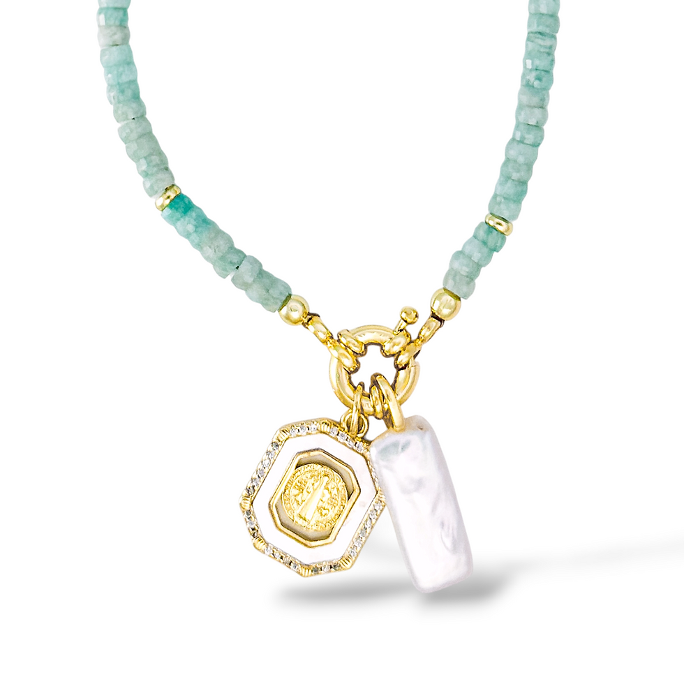 Thumbnail: Teeny Lagoon Necklace with Chapel and Pillar Charms layered on gold sailor clasp