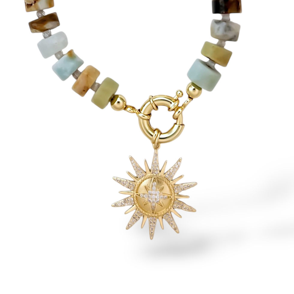 Close-up of Montana II Airy Necklace styled with Solstice Starburst Charm and gold-filled clasp