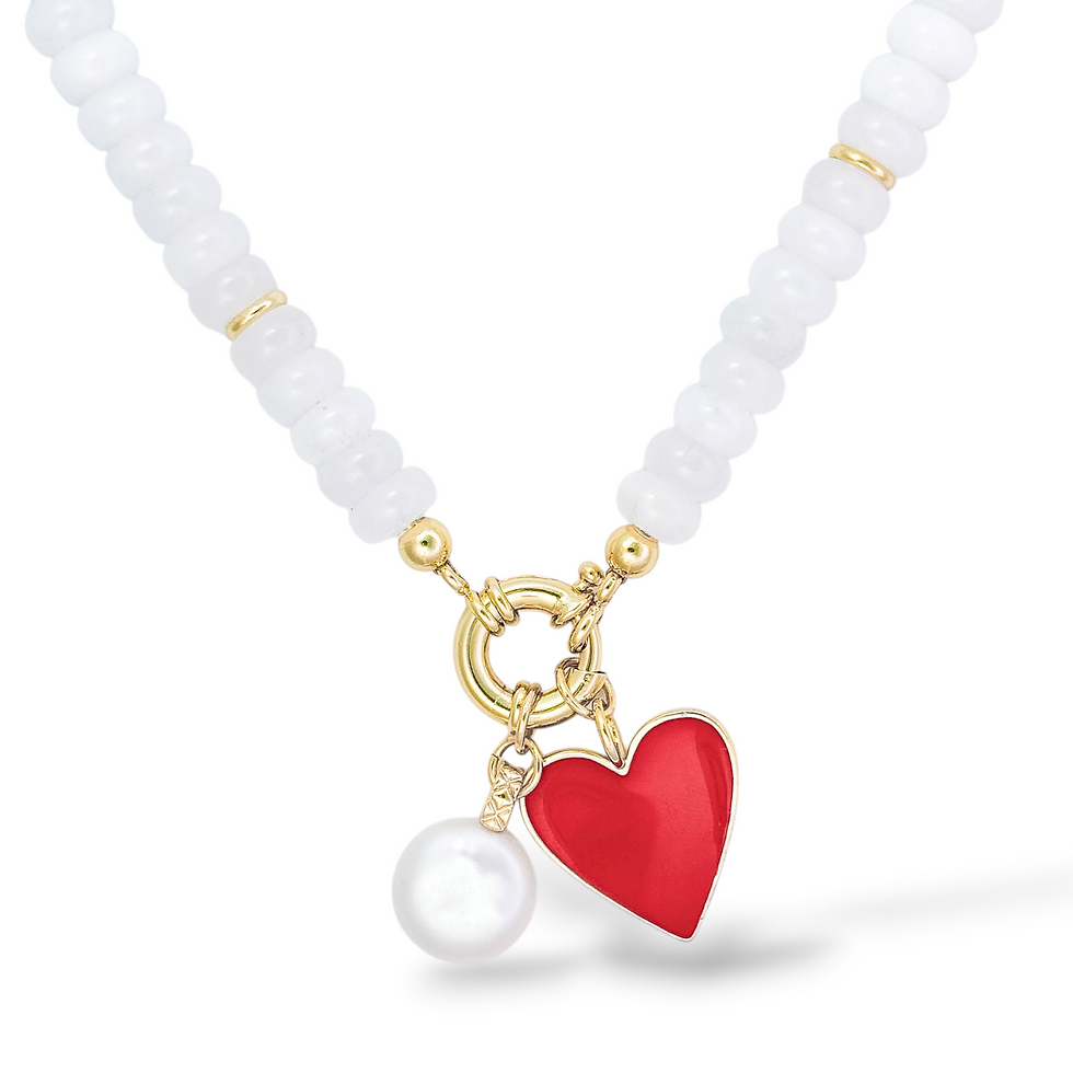 Pearl Standard II Necklace with the Button Pearl Charm and Medium Happy Heart Charm in Red.