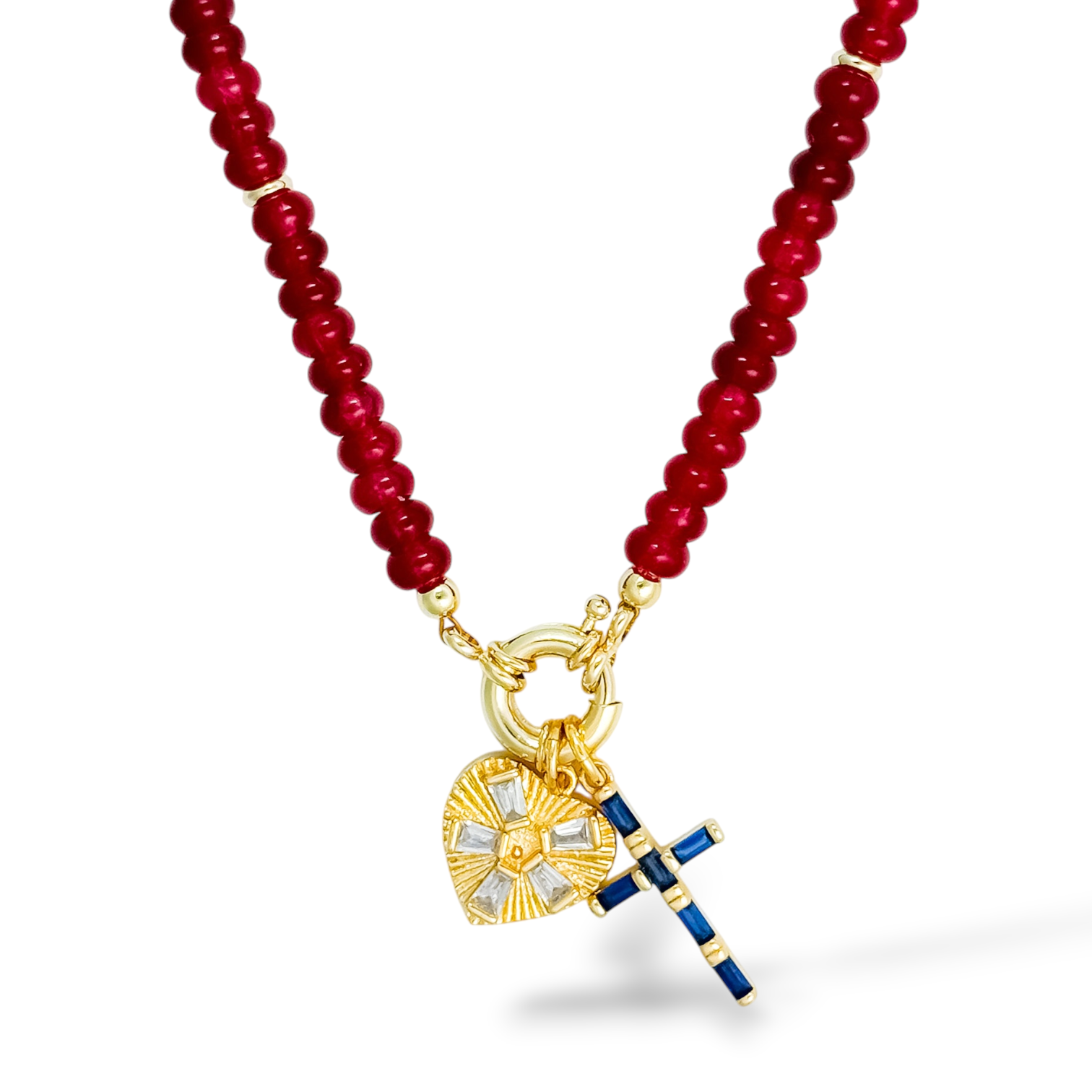 Mini Firelight Necklace with Mini Ruby beads, Golden Crystal Heart Charm, and Blue Illume Cross Charm