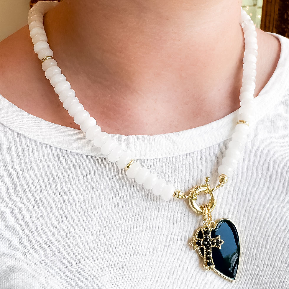 Thumbnail: St. Charles Necklace worn with the Noir Croix Charm and Heavy Heart in Black.