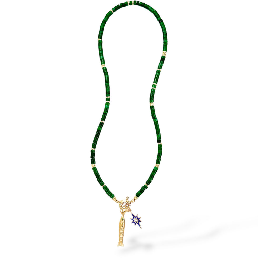 Full view of the Teeny Emerald Catch Necklace with removable Golden Tailfin and Harbor Star charms