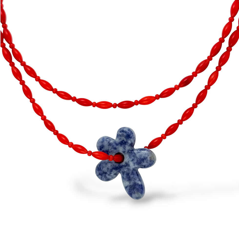 Bloom Society Double Necklace with cardinal red natural stone beads and the Midnight Flower Charm.