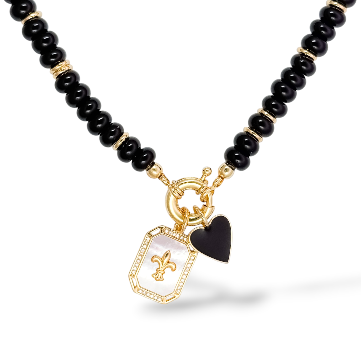 Rue Royale Necklace with the Fleur de Lis Charm and Black Small Have a Heart Charm.