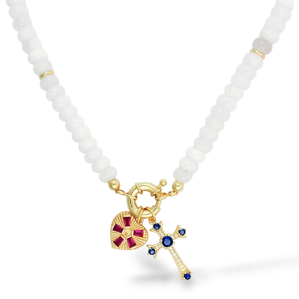 Heart and Soul Necklace - Golden Crimson Heart Charm and Blue Heritage Cross Charm on Snow Melt Necklace