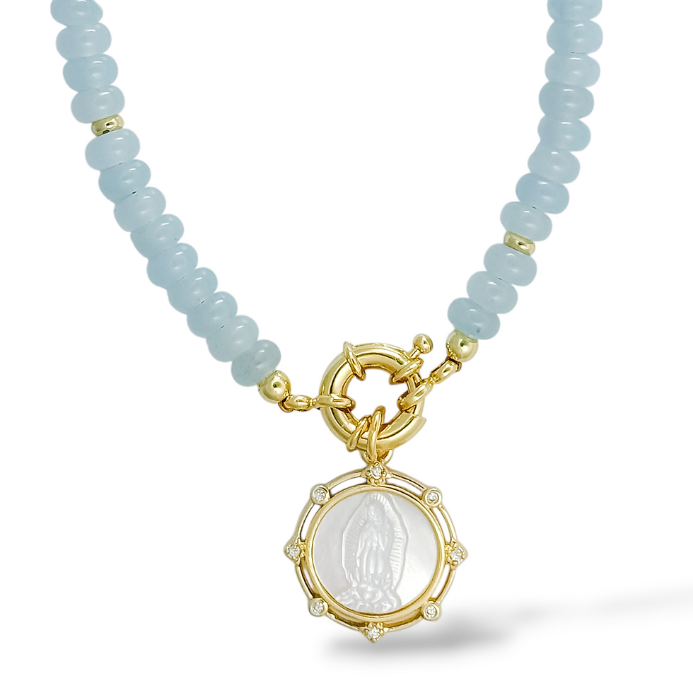 Thumbnail: Mini Ciel Necklace with Blessed Mother Charm, detail of clasp and charm