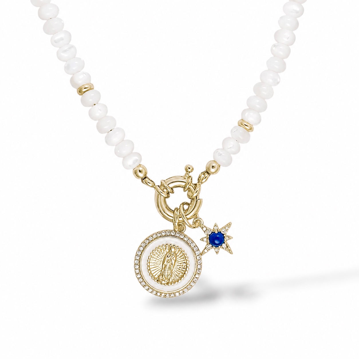 Mini Monroe Necklace with the Mary in White Charm and Ceylon Star Charm.