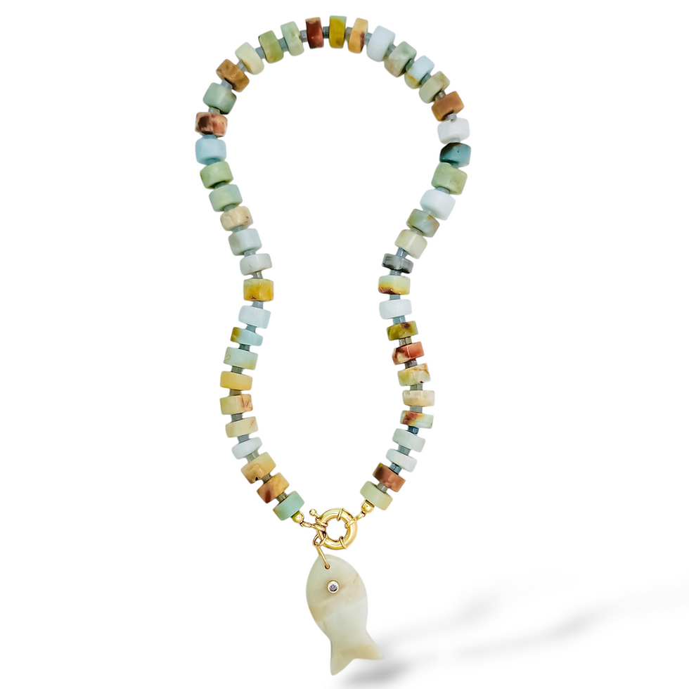 Thumbnail: Full view of Tidal Stone Sandbar Necklace in Montana natural stone beads with aqua blue spacers